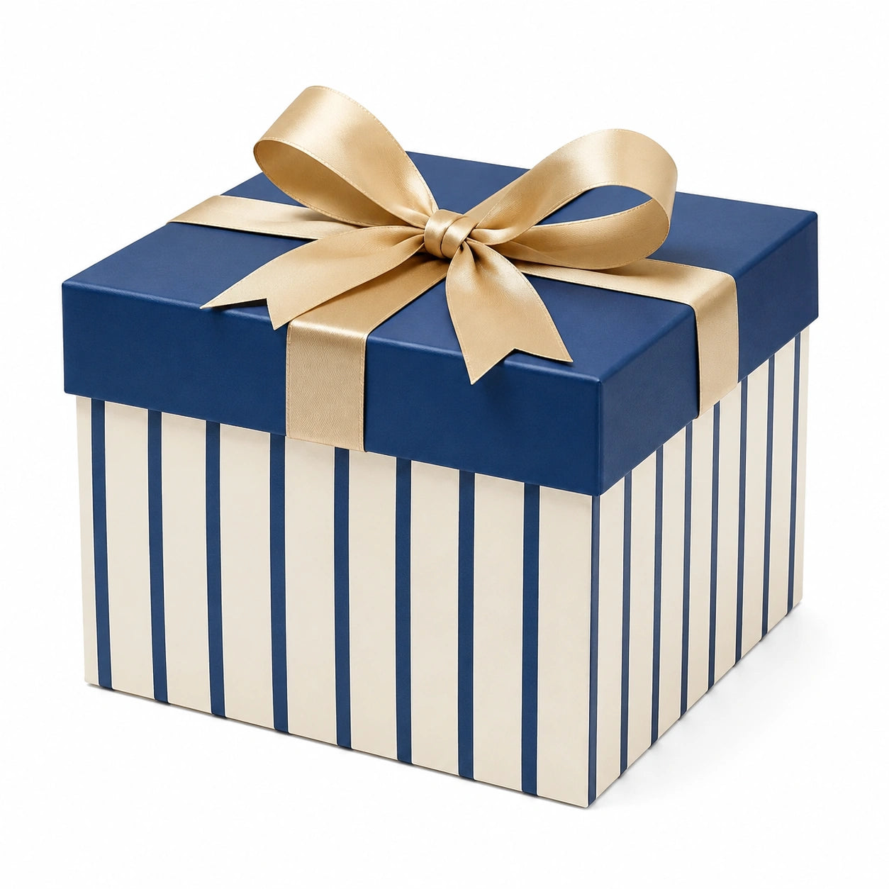 Boîte cadeau carrée 20 cm en carton bleu et blanc avec ruban doré style élégant