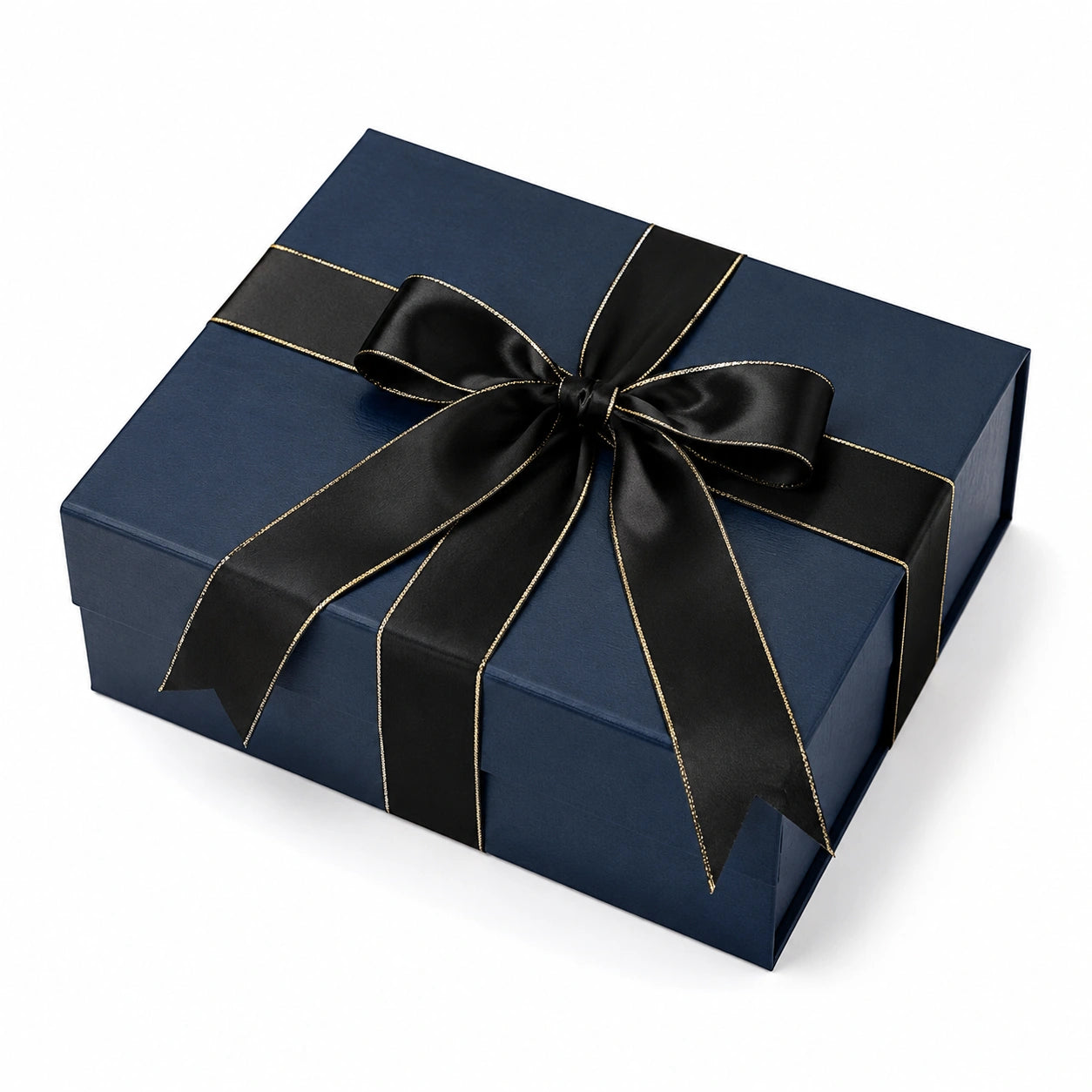Boîte cadeau rectangulaire 25 x 20 x 8 cm en carton bleu marine avec ruban noir décoratif