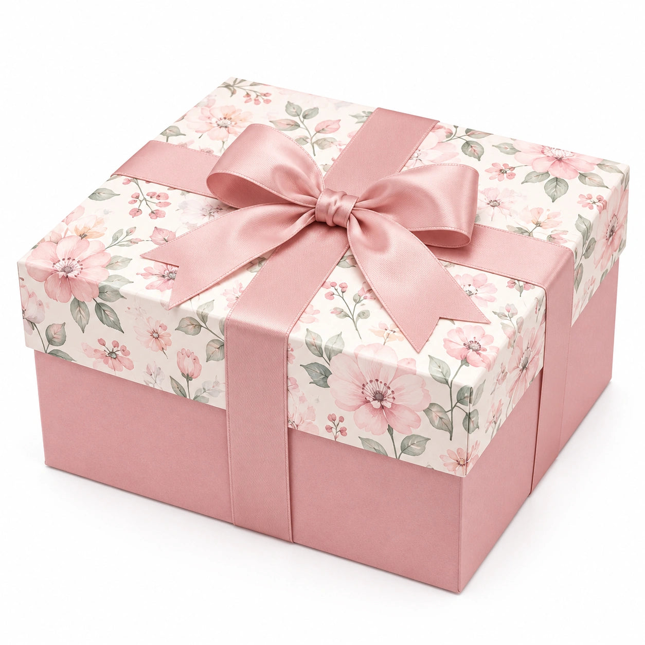 Boîte cadeau carrée 25 x 25 x 12 cm en carton rose à motif floral avec ruban satiné