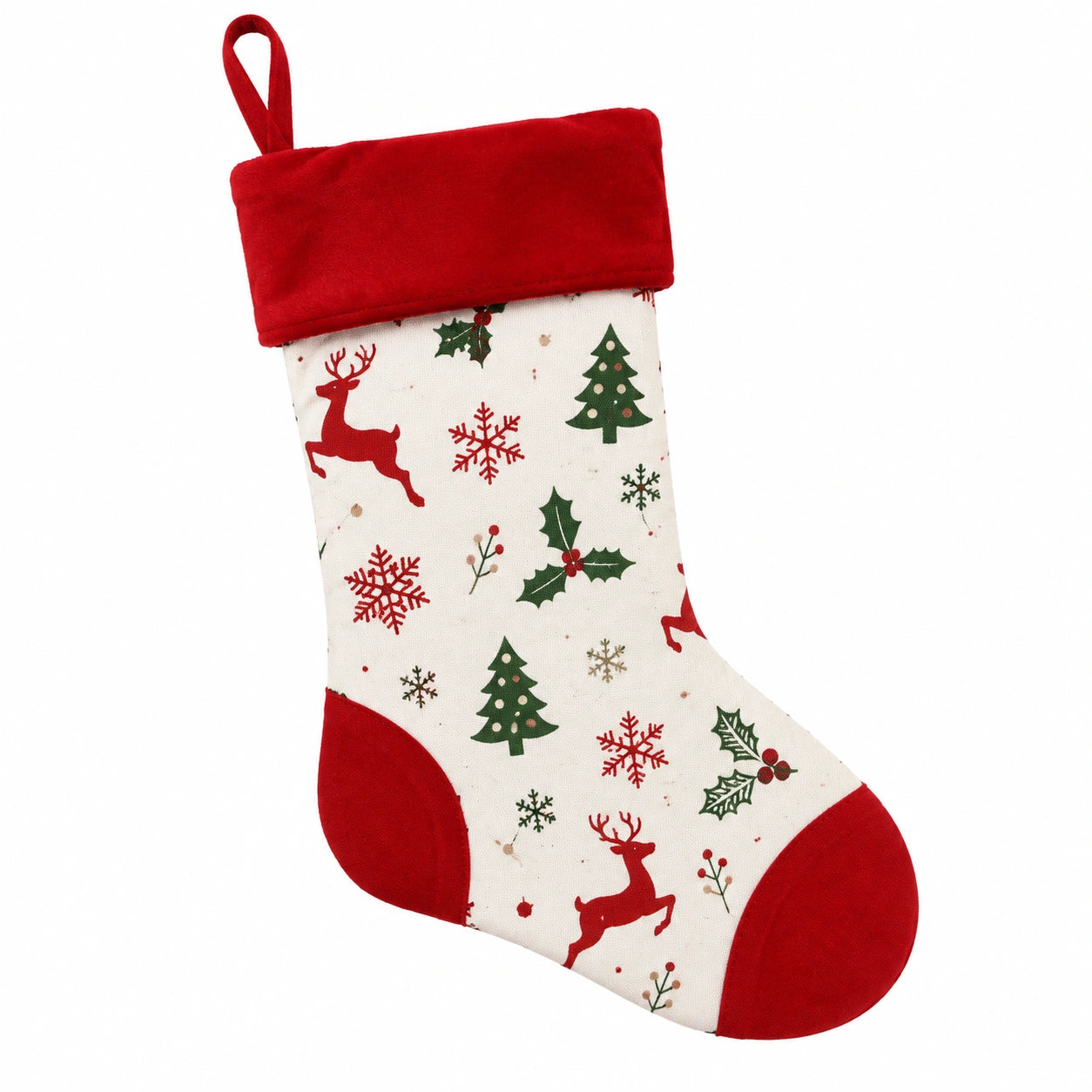 Chaussette de Noël 45 cm en textile rouge et blanc à suspendre