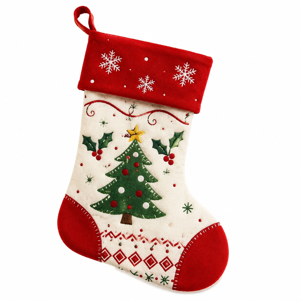Chaussette de Noël 45 cm en textile rouge et blanc à suspendre motif sapin décoratif