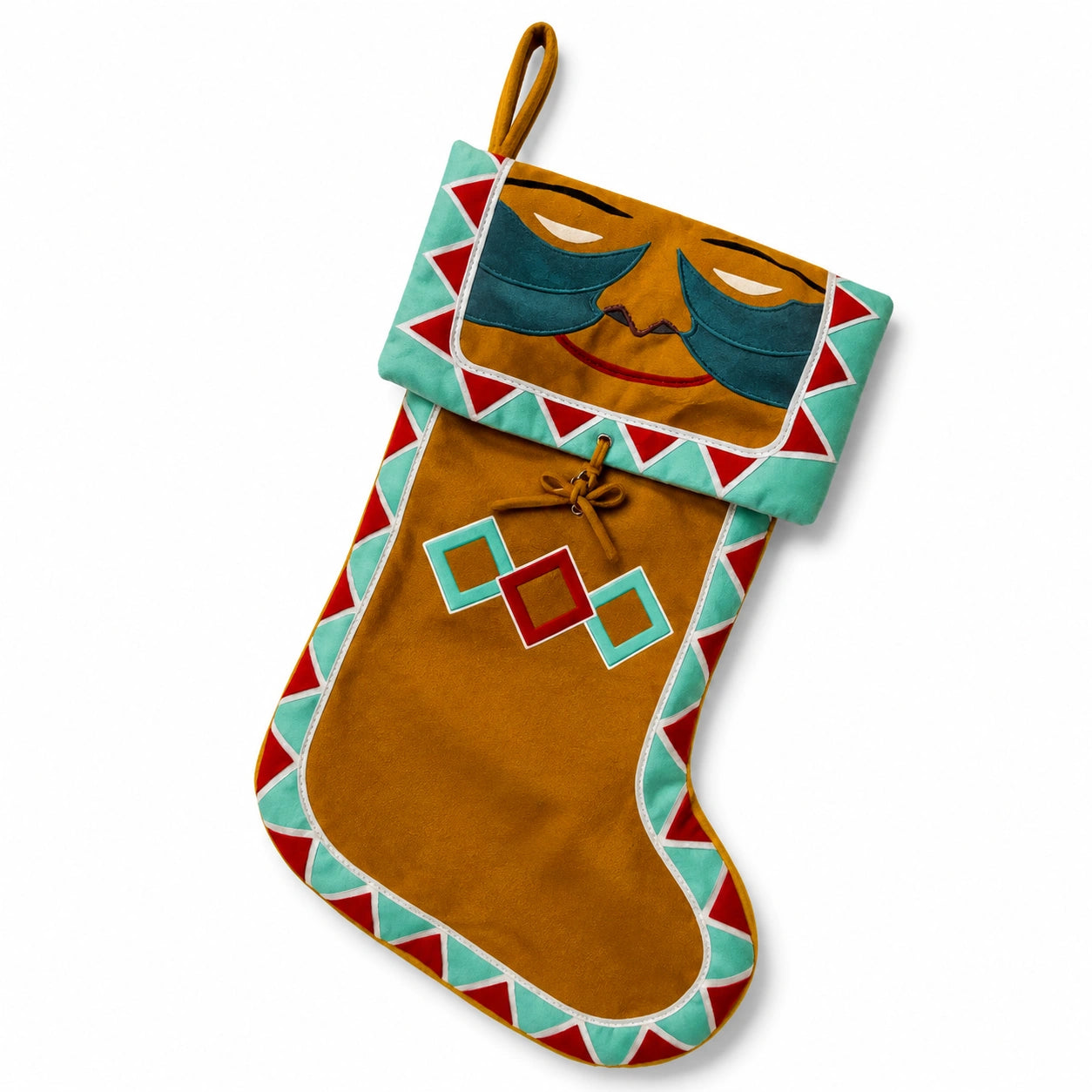 Botte de Noël 45 cm en textile marron vert menthe rouge avec motif lutin et boucle de suspension