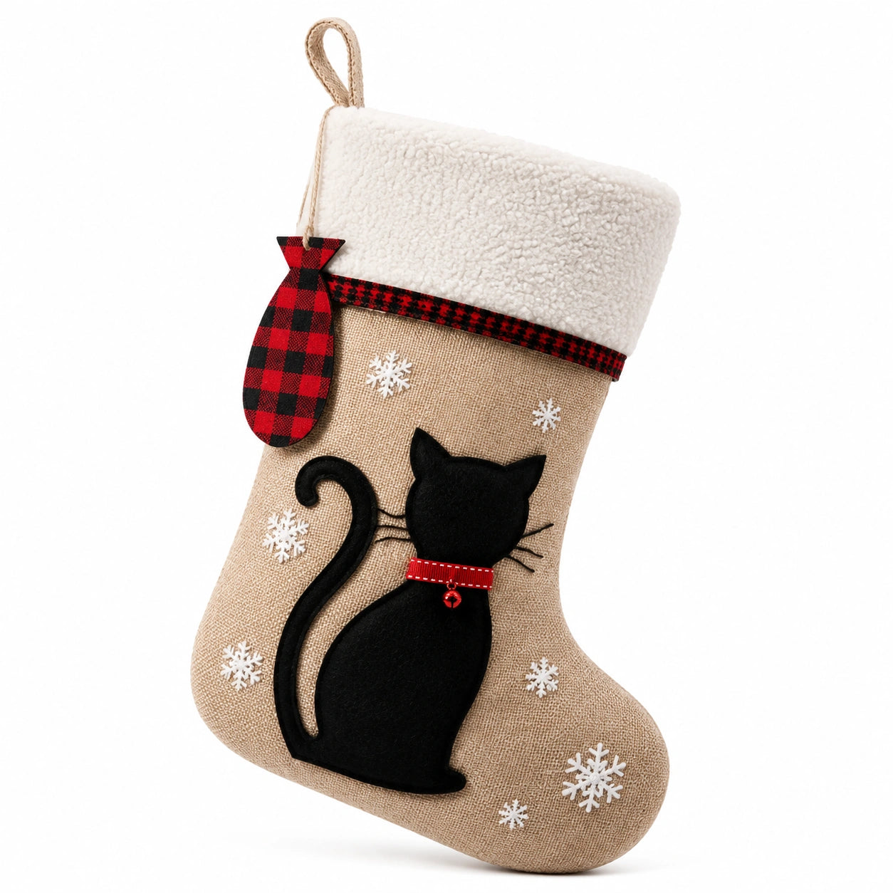 Chaussette de Noël 45 cm en tissu beige motif chat noir avec boucle de suspension