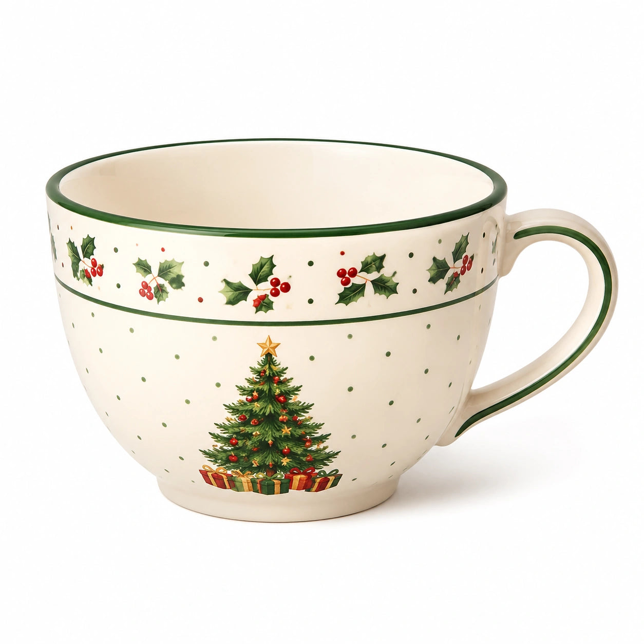 Tasse en céramique diamètre 14 cm crème verte à anse motif sapin