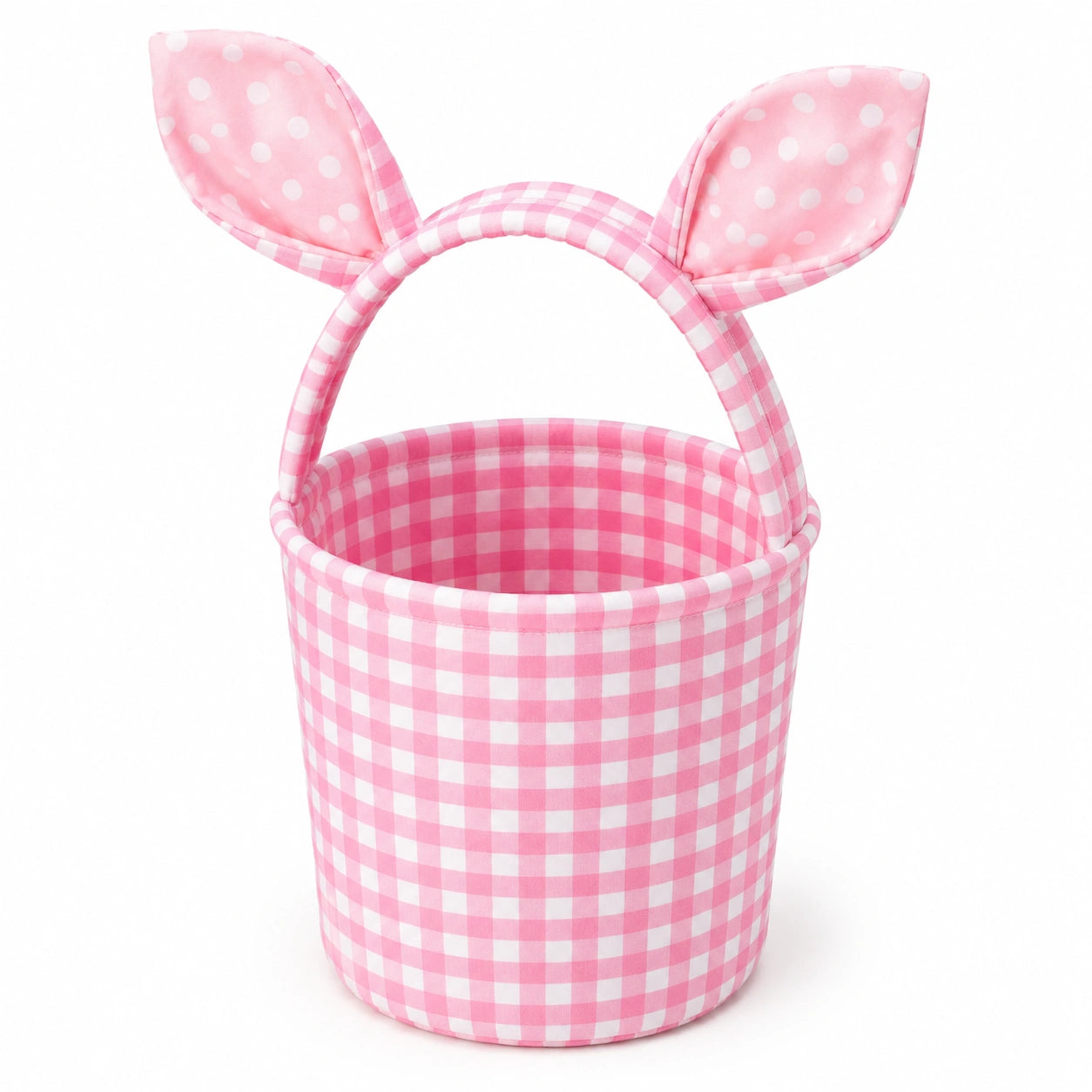 Panier de rangement rond diamètre 25 cm en tissu rose et blanc à carreaux avec anses oreilles