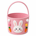 Panier de rangement rond 25 cm rose en tissu tressé avec anse motif lapin