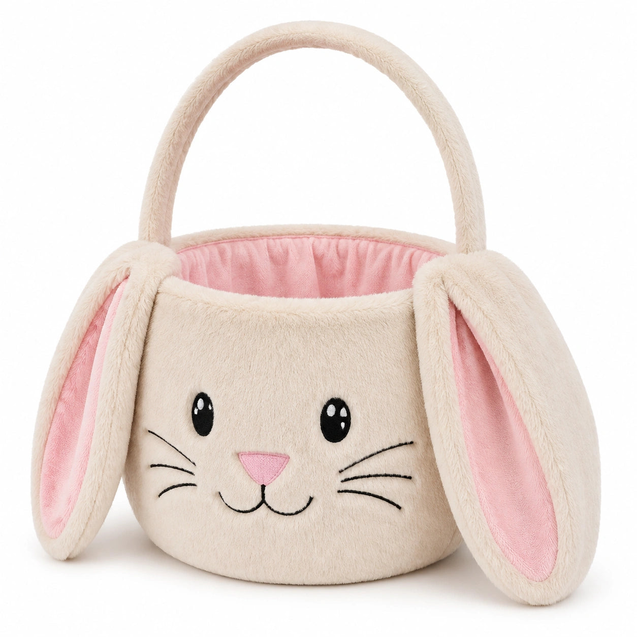 Panier lapin 24 cm en polyester beige rose avec poignée style peluche