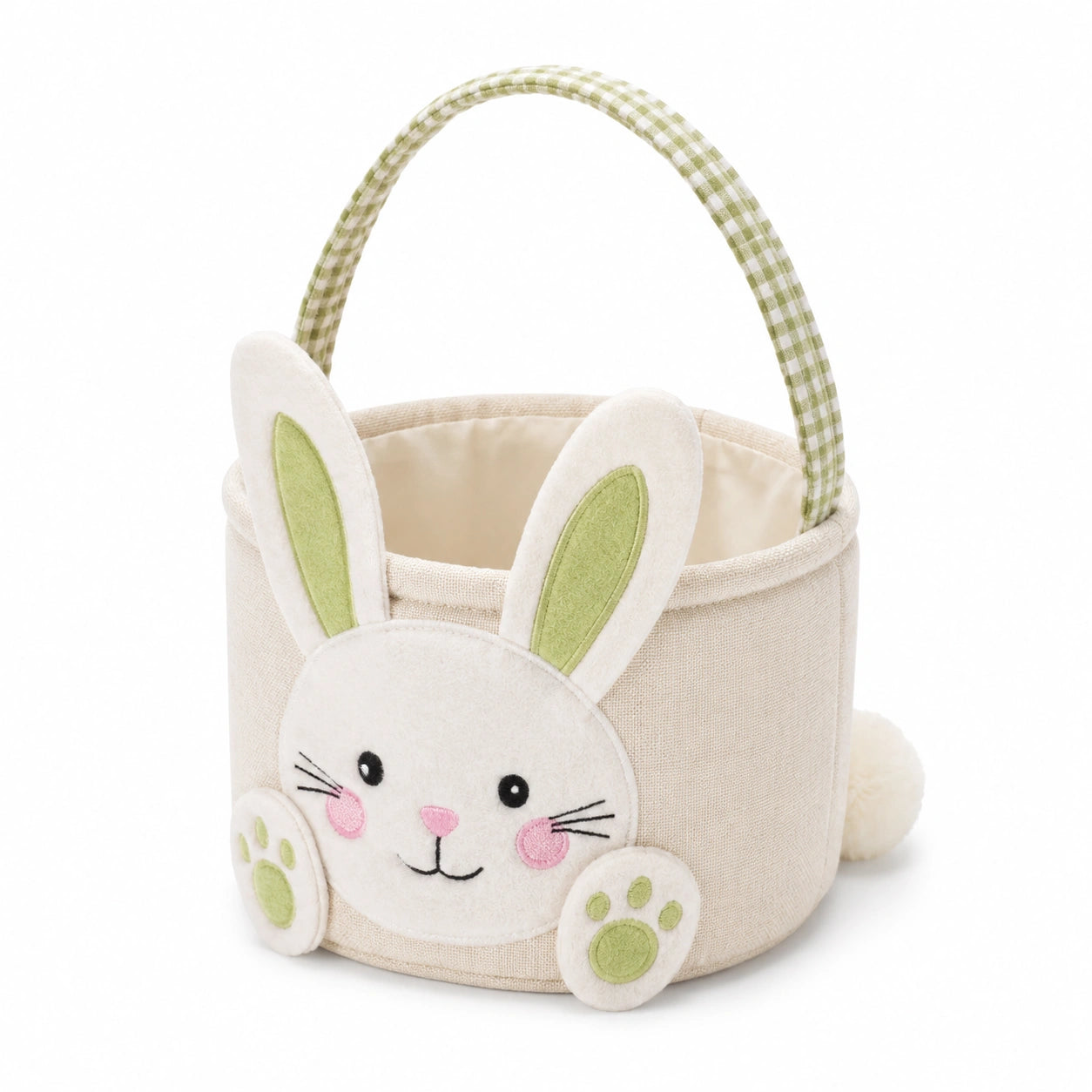 Panier de rangement rond 20 cm en tissu beige et vert motif lapin avec poignée