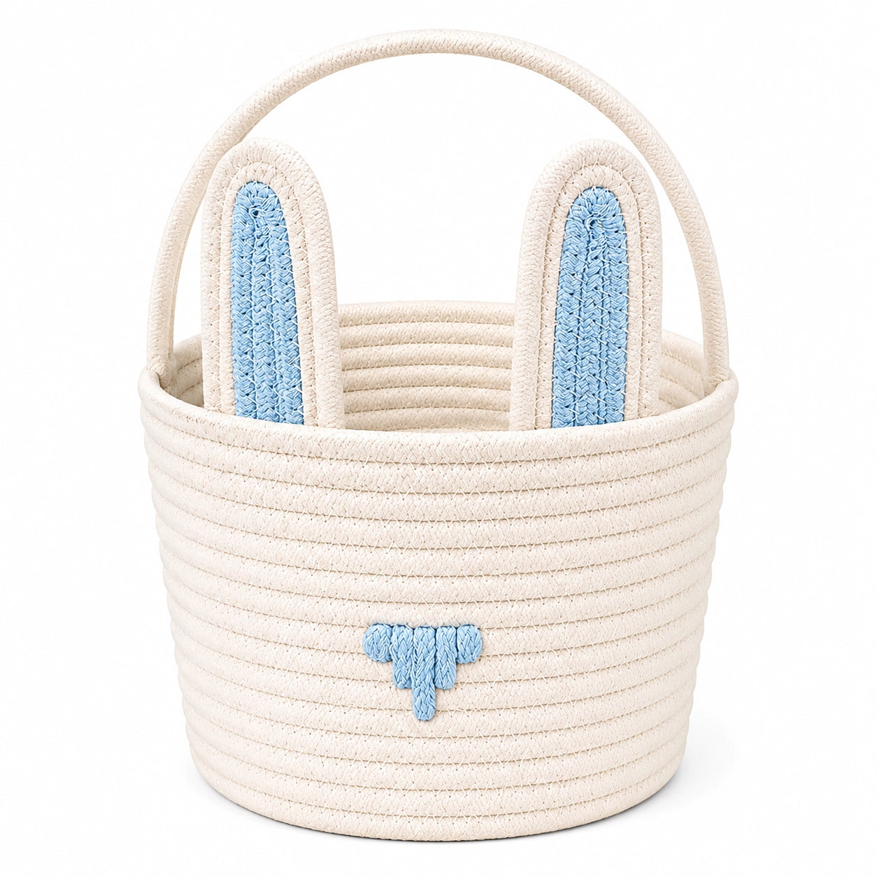 Panier de rangement rond 30 x 30 cm en corde de coton blanc et bleu à motif lapin avec anses