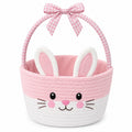 Panier de rangement rond 25 cm textile tressé rose et blanc motif lapin avec anse