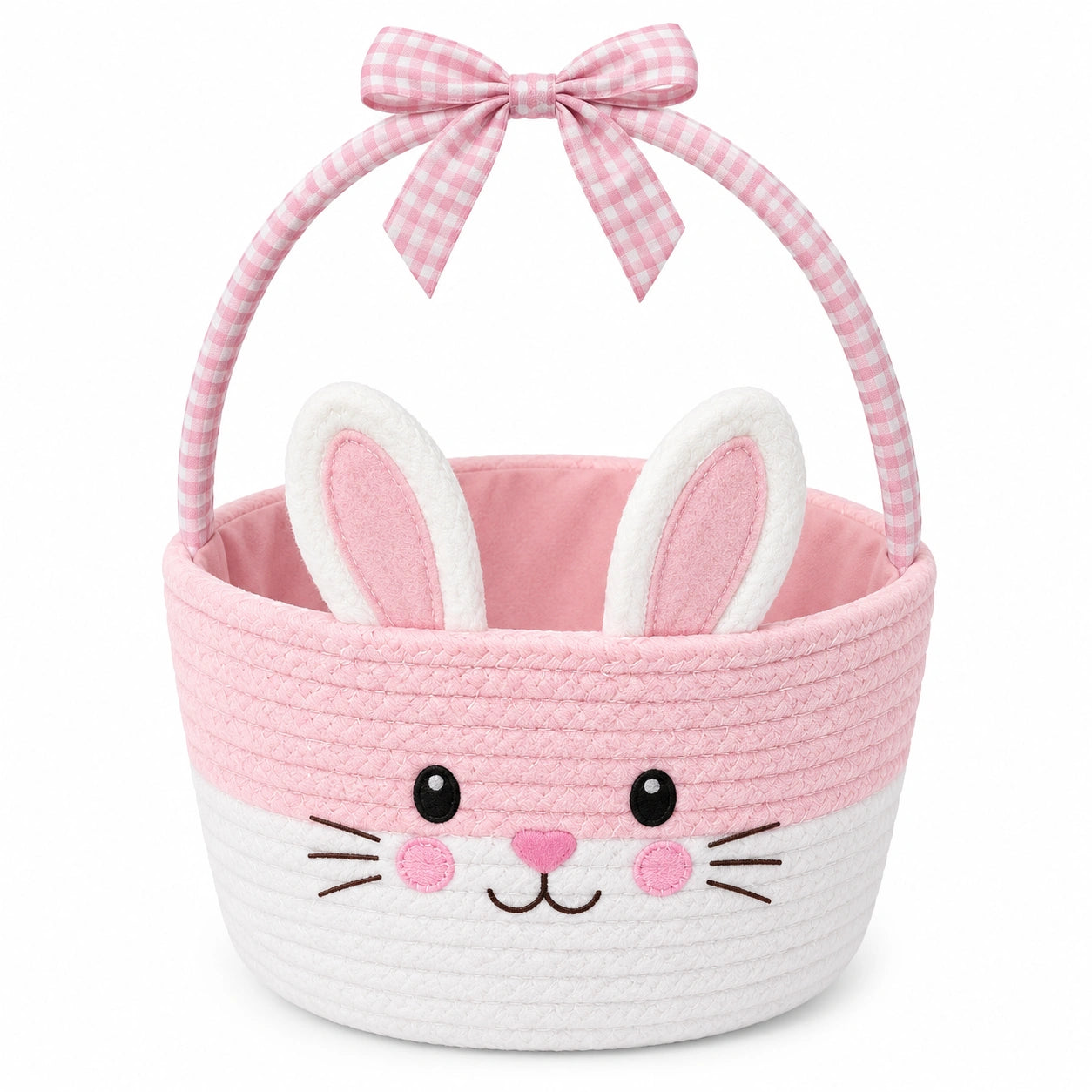 Panier de rangement rond 25 cm textile tressé rose et blanc motif lapin avec anse
