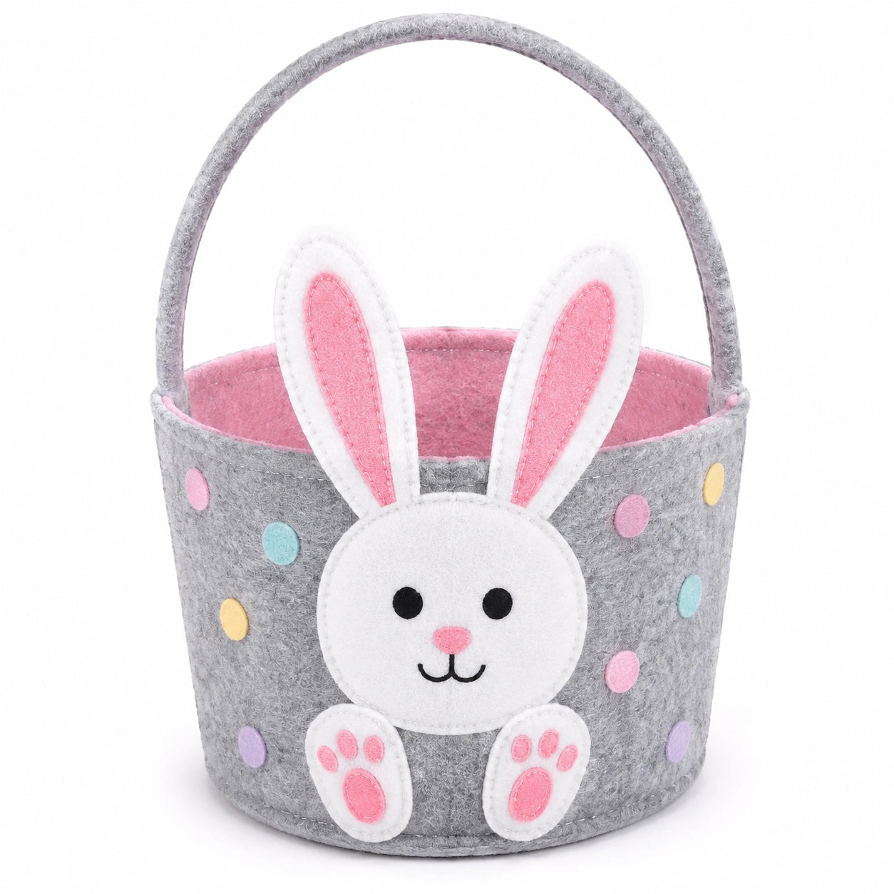 Panier de Pâques 20 cm en feutre gris rose à anse motif lapin