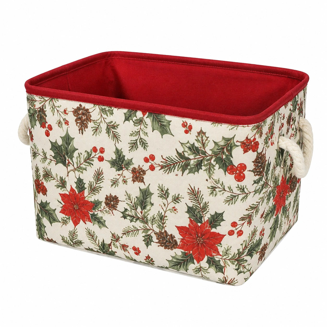 Panier de rangement 38 x 28 x 25 cm en tissu écru rouge et vert à poignées style végétal