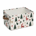Panier de rangement 38 x 28 x 25 cm en tissu écru motif sapins et cerfs avec poignées style hivernal