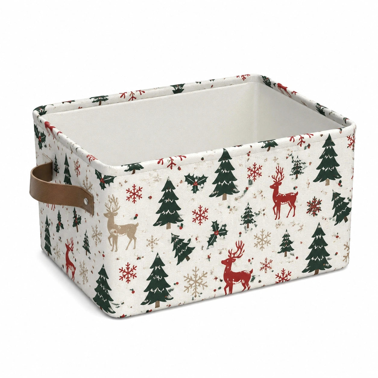 Panier de rangement 38 x 28 x 25 cm en tissu écru motif sapins et cerfs avec poignées style hivernal