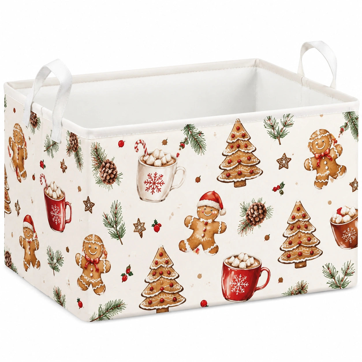 Boîte de rangement 38 x 26 x 25 cm en tissu blanc imprimé avec poignées pliable
