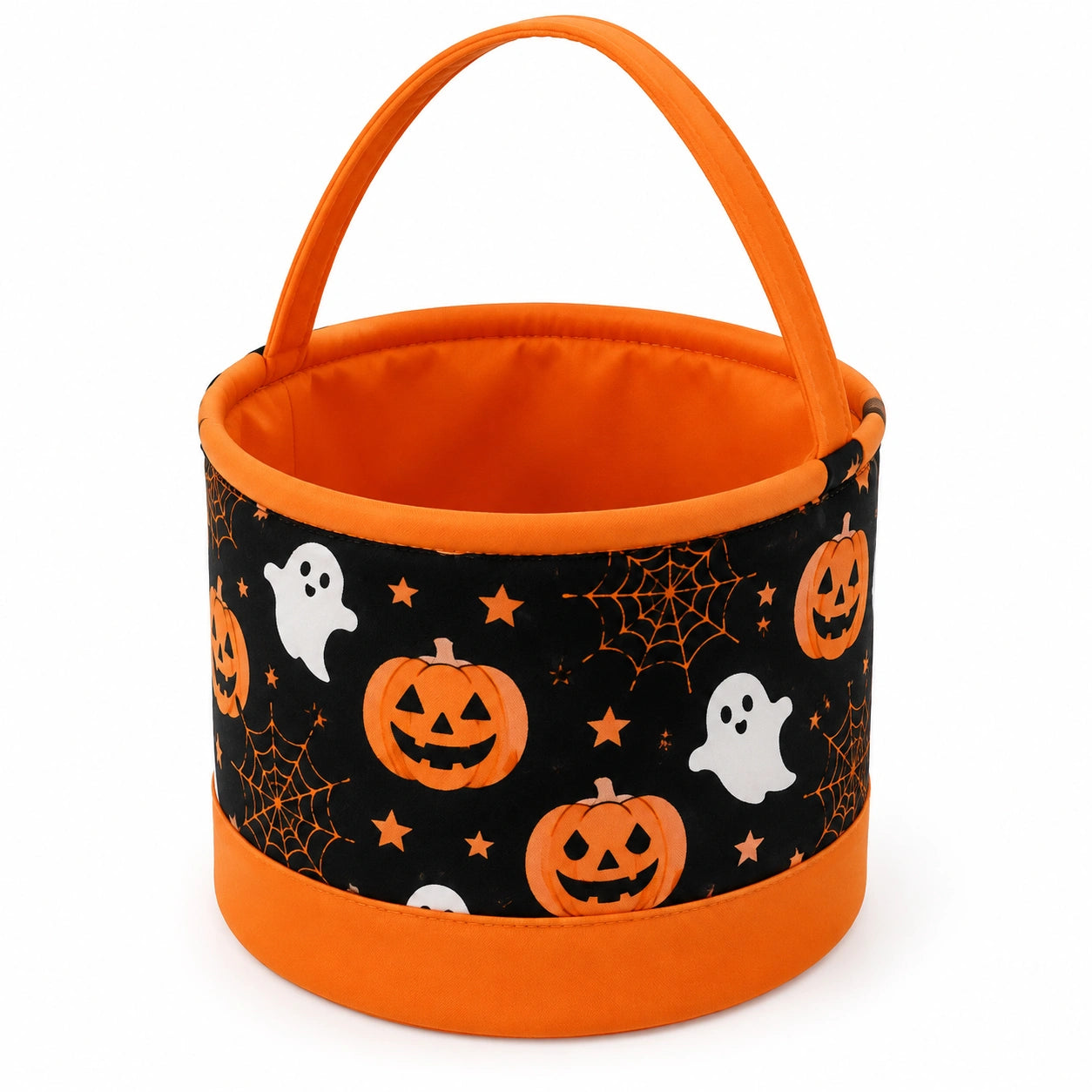 Panier de collecte rond 20 cm en tissu noir et orange à anse motif citrouilles