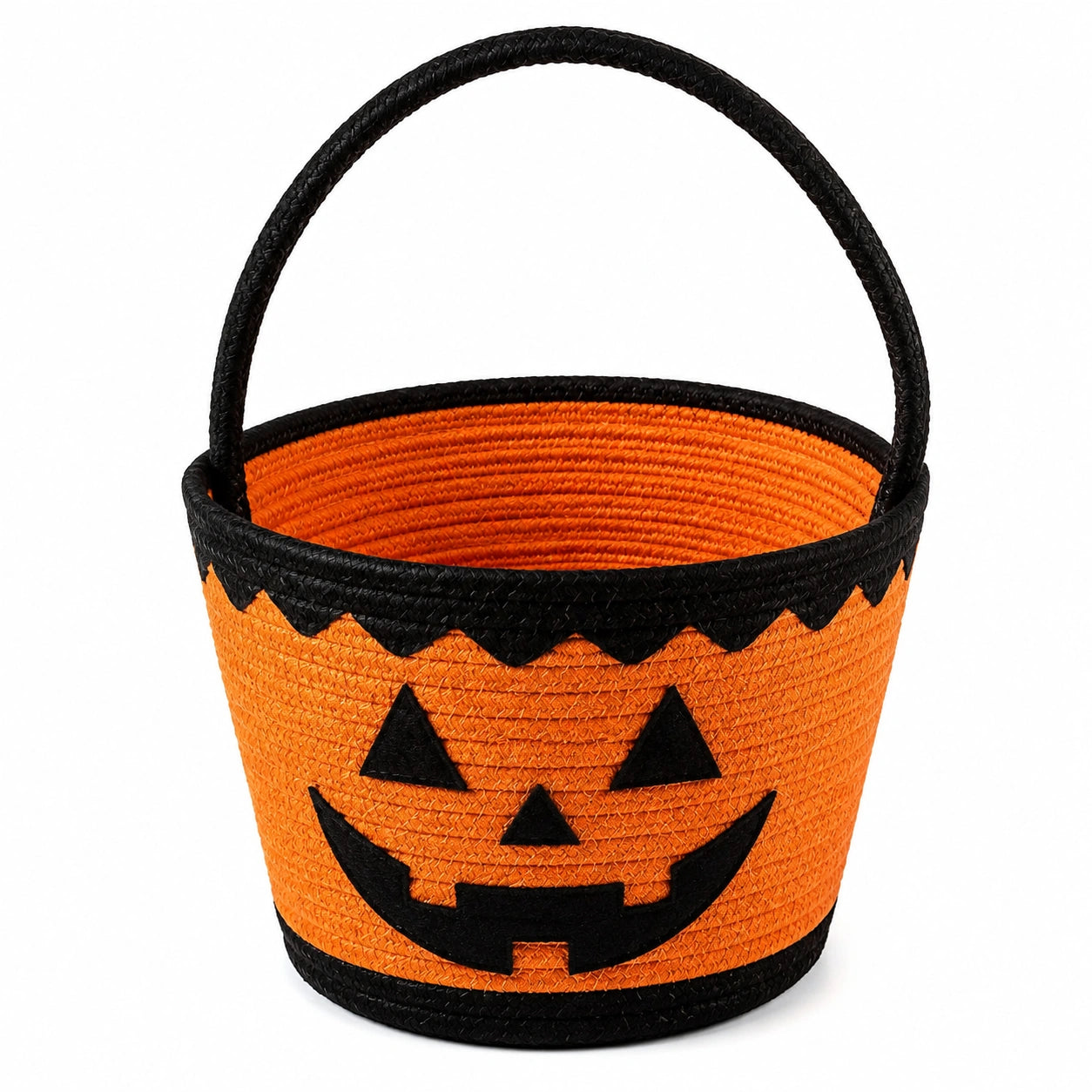 Panier de rangement rond 22 cm en fibres tressées orange et noir avec anse motif citrouille