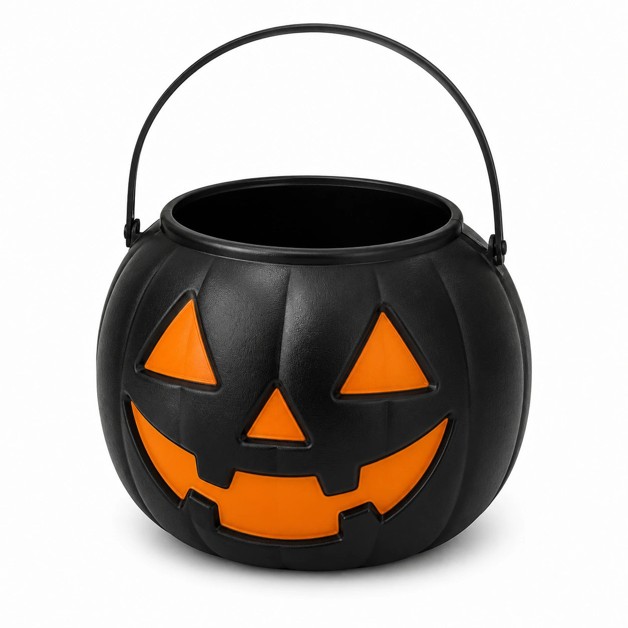 Seau à friandises rond 25 cm en plastique noir et orange à motif citrouille avec anse