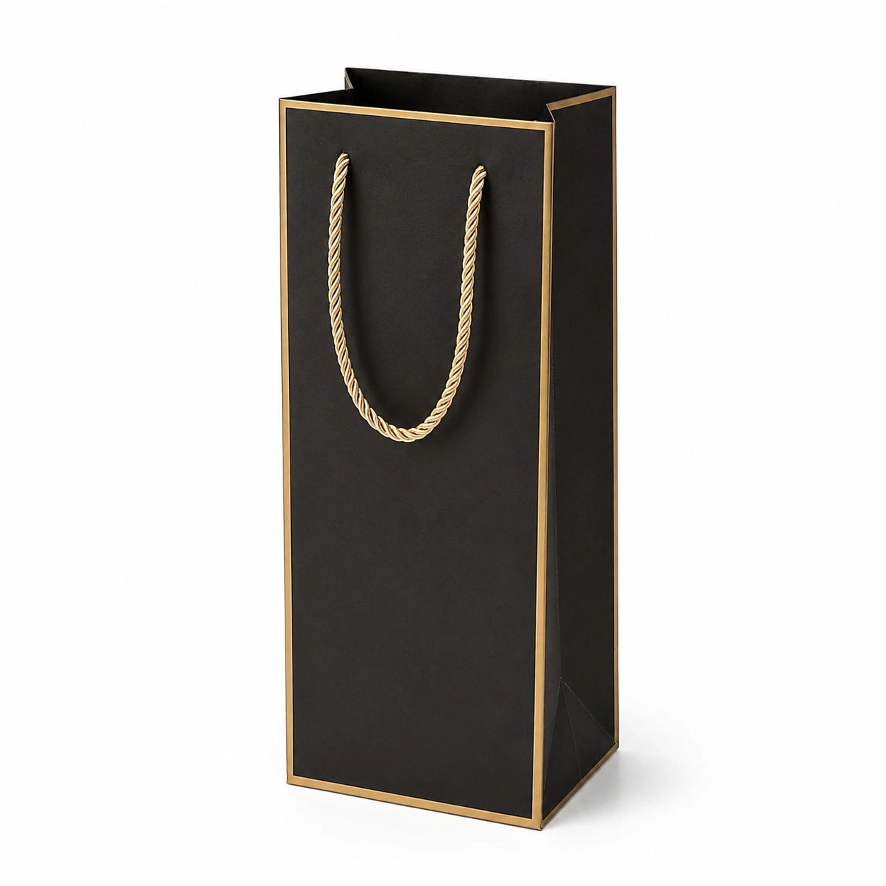 Sac cadeau 12 x 10 x 36 cm en papier noir et doré avec poignées corde style élégant