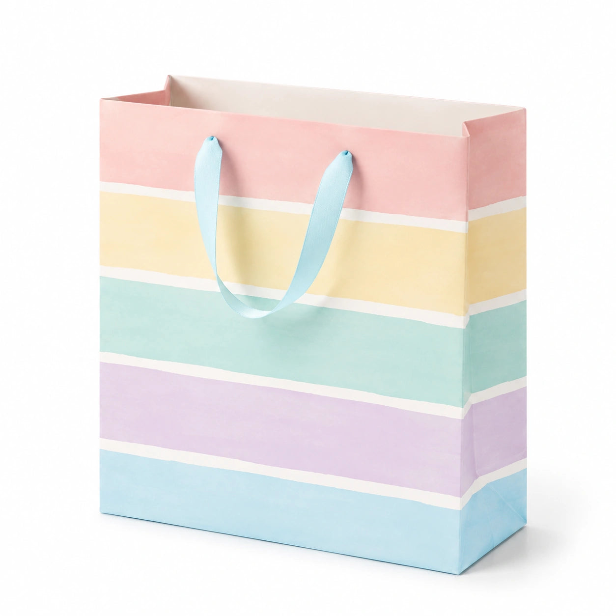 Sac cadeau 26 x 12 x 32 cm en papier rose jaune vert bleu violet à rayures avec anses ruban style pastel