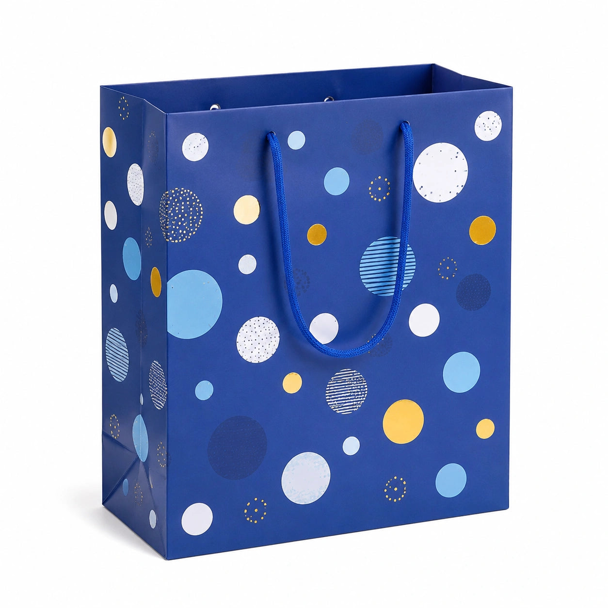 Sac cadeau en papier bleu 26 x 12 x 32 cm à poignées cordon motif pois