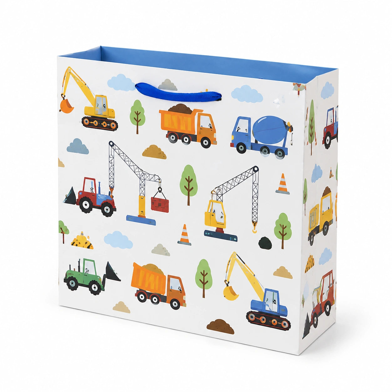 Sac cadeau 32 x 12 x 26 cm en papier blanc motif véhicules de chantier avec poignées bleues