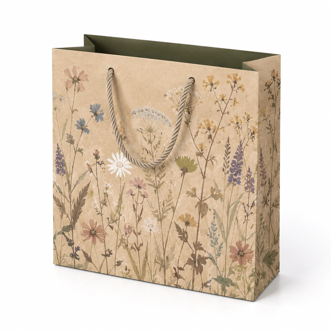 Sac cadeau en papier 32 x 12 x 26 cm beige à motif floral avec anses en corde