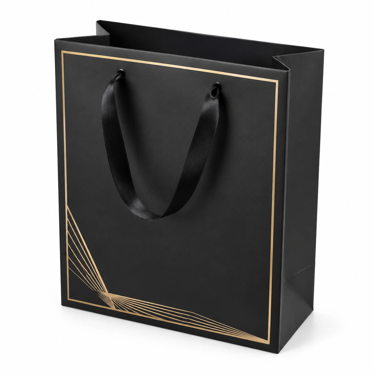 Sac cadeau 25 x 10 x 30 cm en papier cartonné noir et doré à anses ruban style élégant